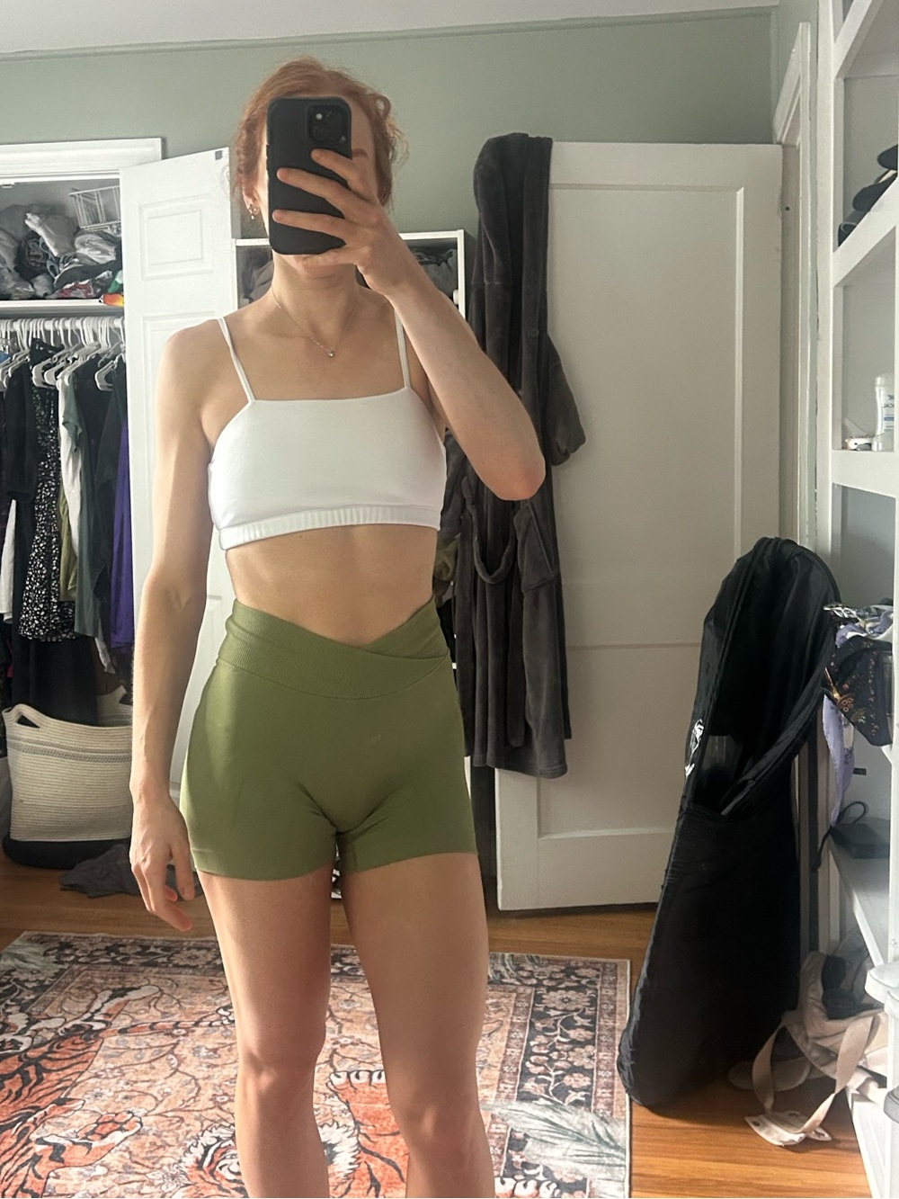 Cross Waist Green Women's work set Shorts and white sports bra